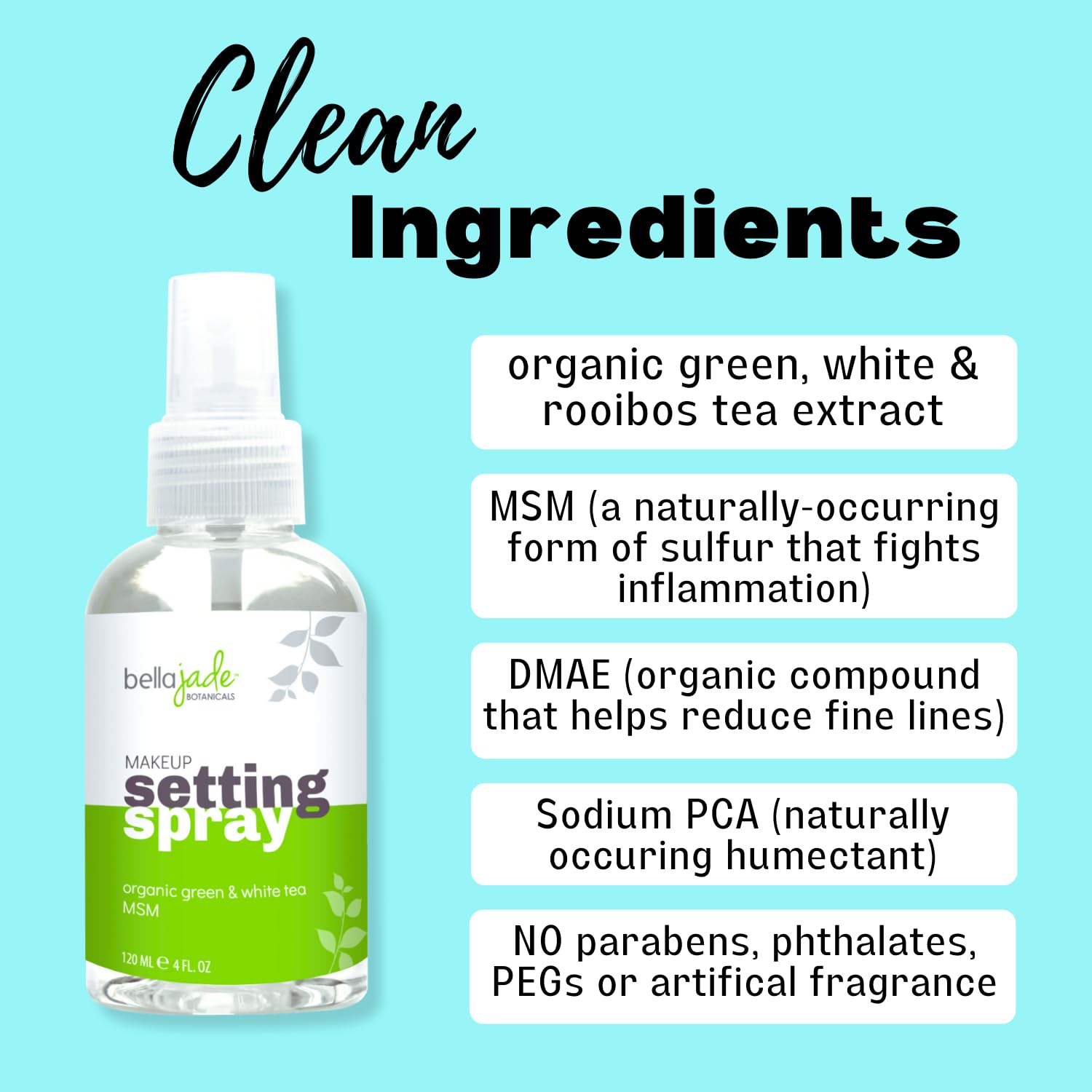 Bella Jade setting spray with MSM provides a light, non-sticky finish for everyday wear