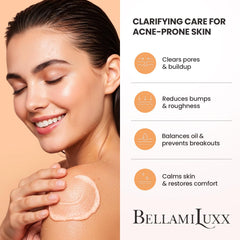 BellamiLuxx body acne scrub chest: refines texture on chest area for a calmer complexion.