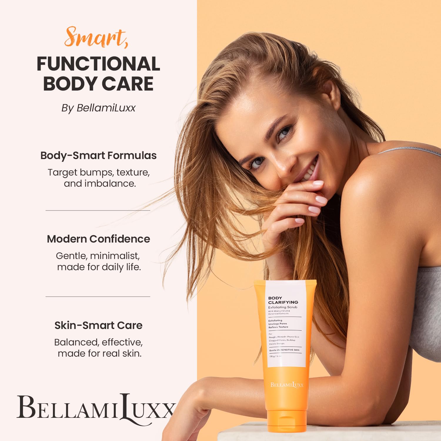 BellamiLuxx body acne scrub ingredients tea tree and shea provide soothing care.