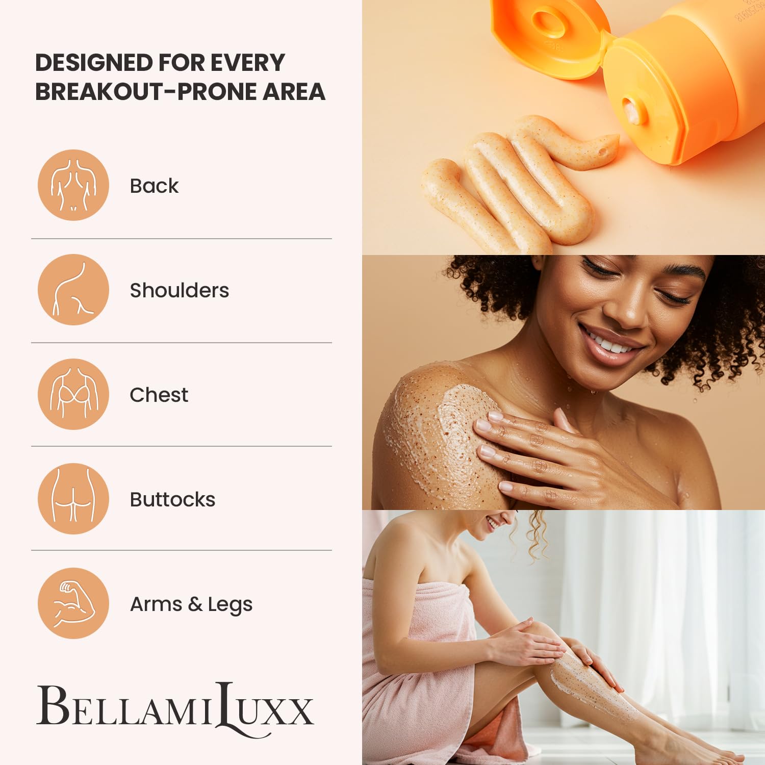 BellamiLuxx body acne scrub inner-thigh: supports smoother skin in problem areas.