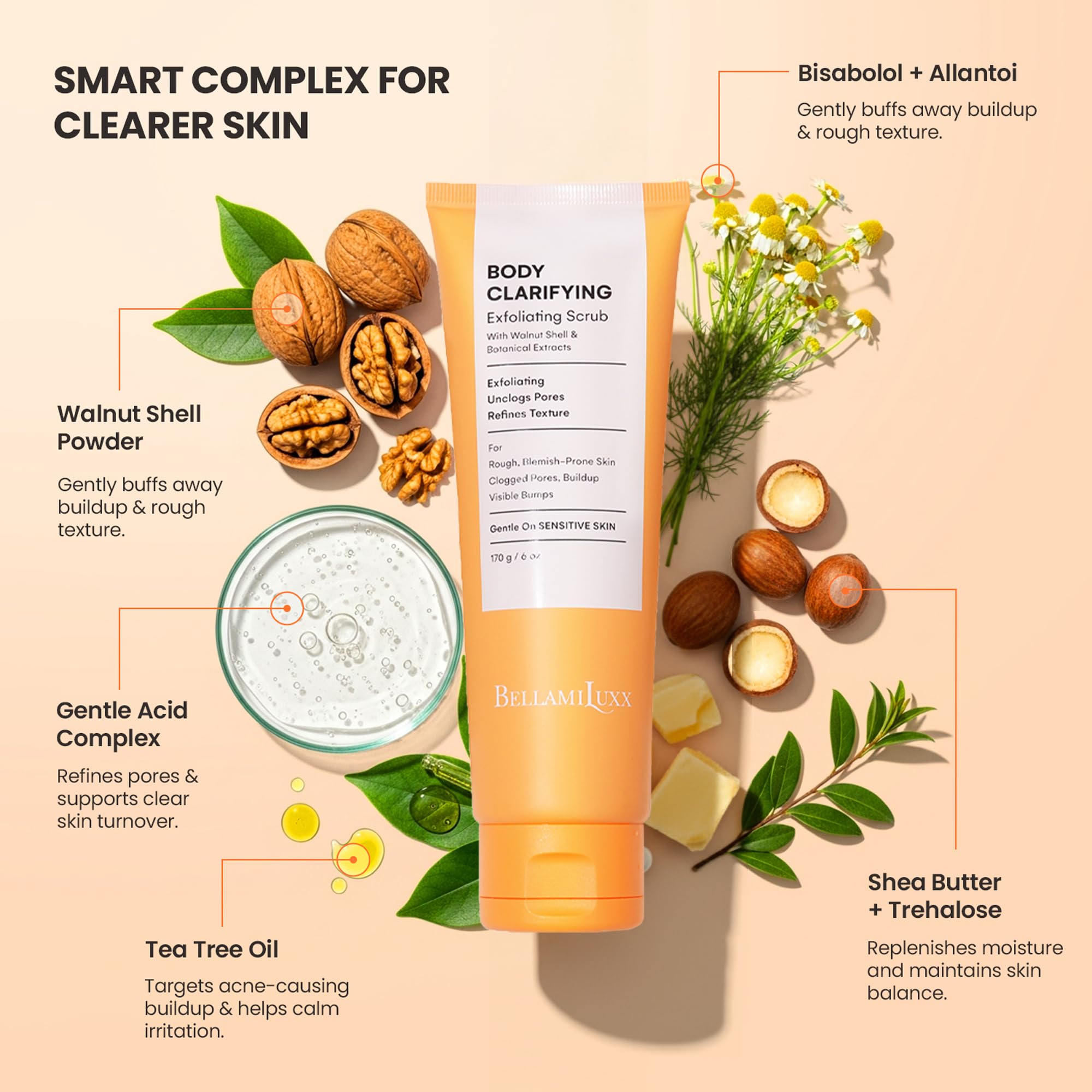 BellamiLuxx body acne scrub texture: exfoliates rough patches for a refined surface.