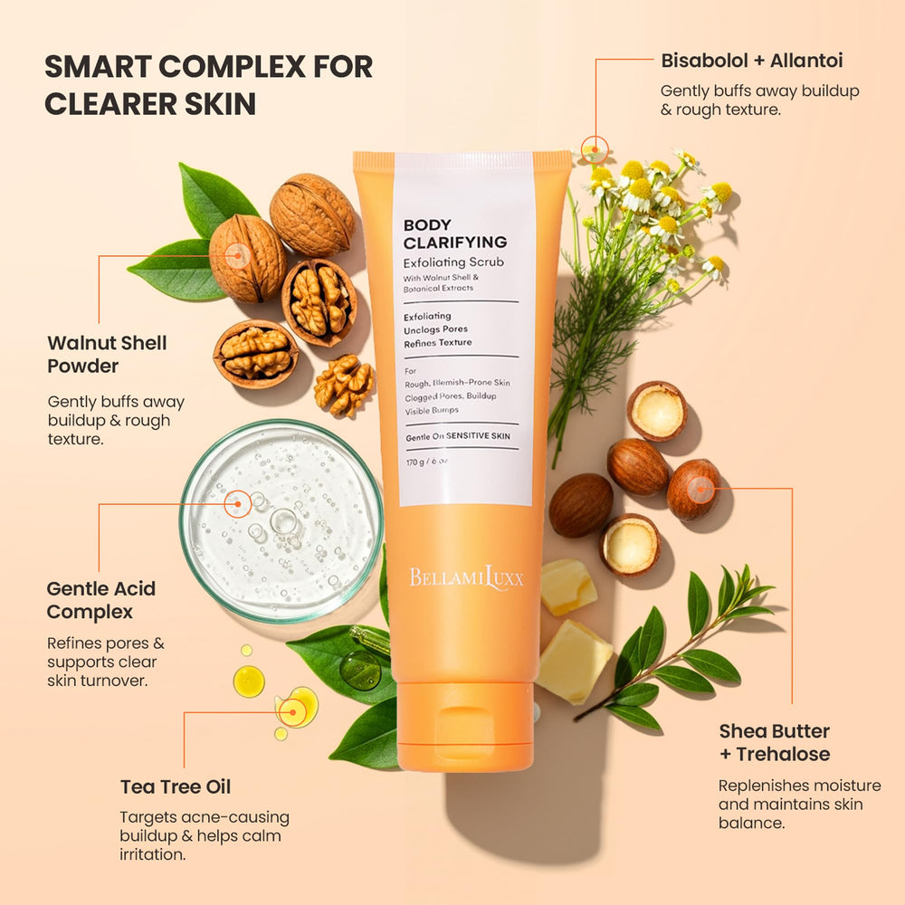 BellamiLuxx body acne scrub texture: exfoliates rough patches for a refined surface.