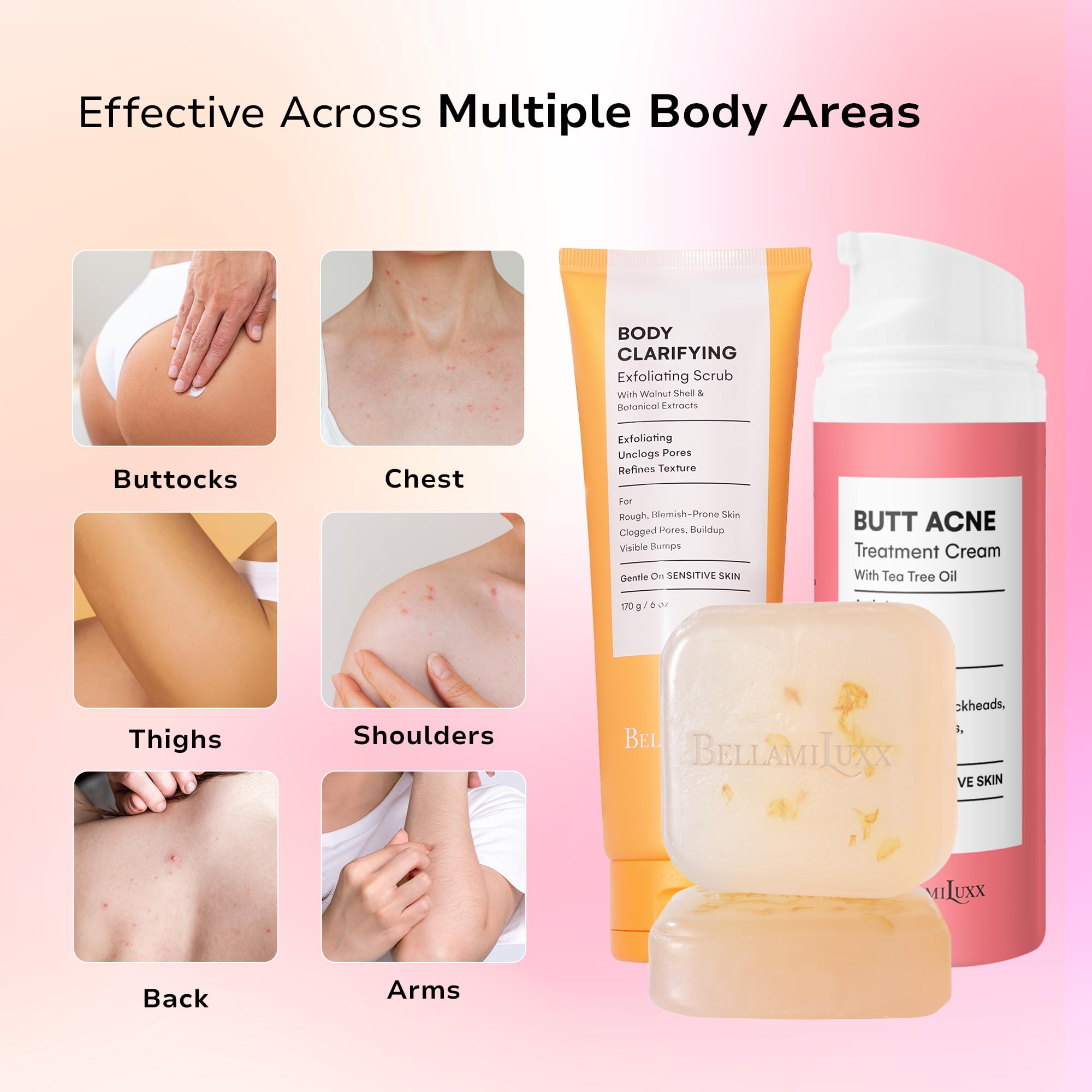 BellamiLuxx lotion bottle application image showing smoothing on skin
