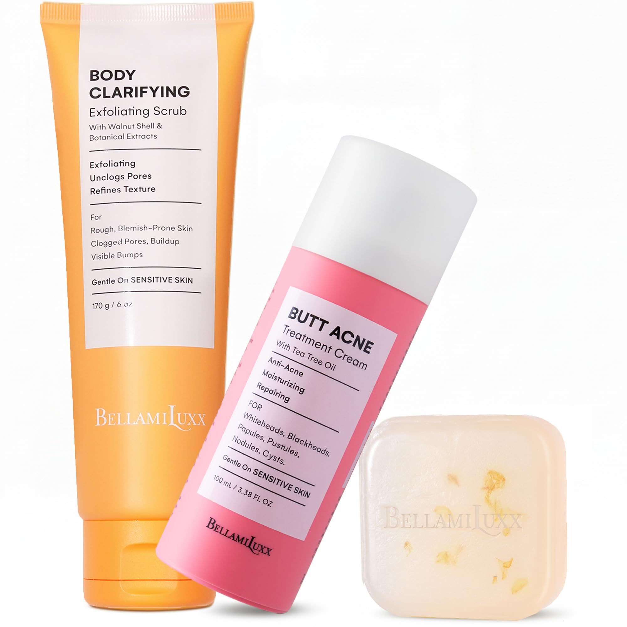 BellamiLuxx butt acne scrub bar packaging showing simple at-home care setup