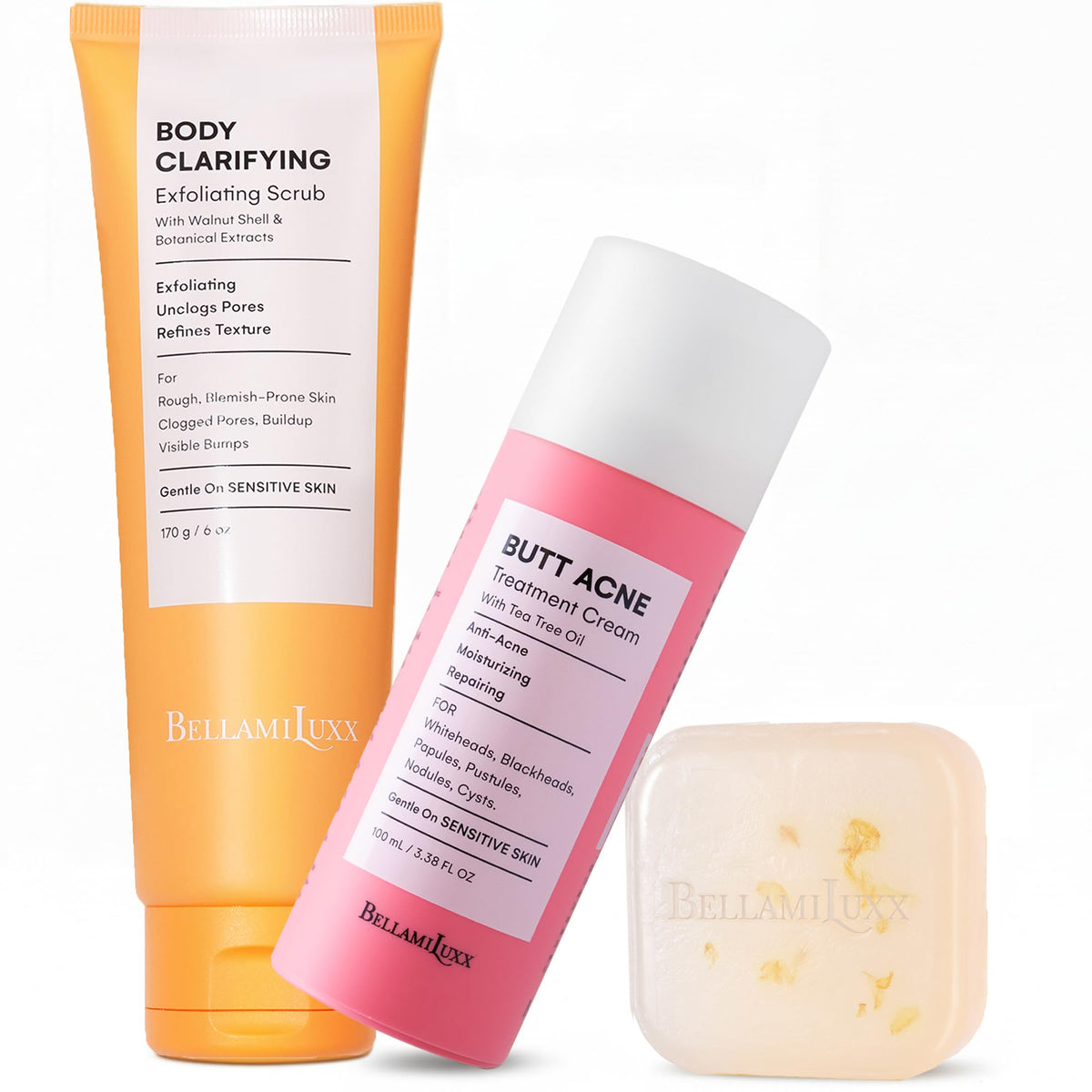 BellamiLuxx butt acne scrub bar packaging showing simple at-home care setup