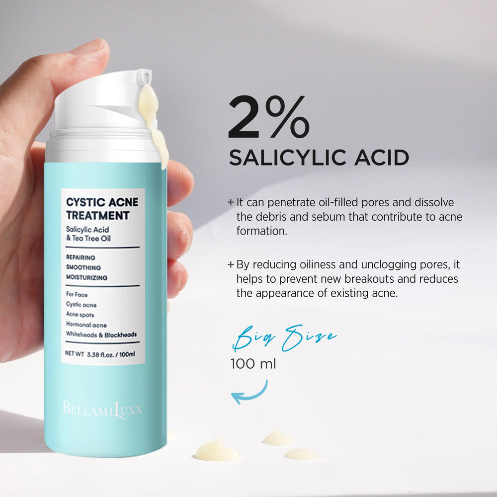 Mini routine shot featuring BellamiLuxx acne lotion for targeted spot care.
