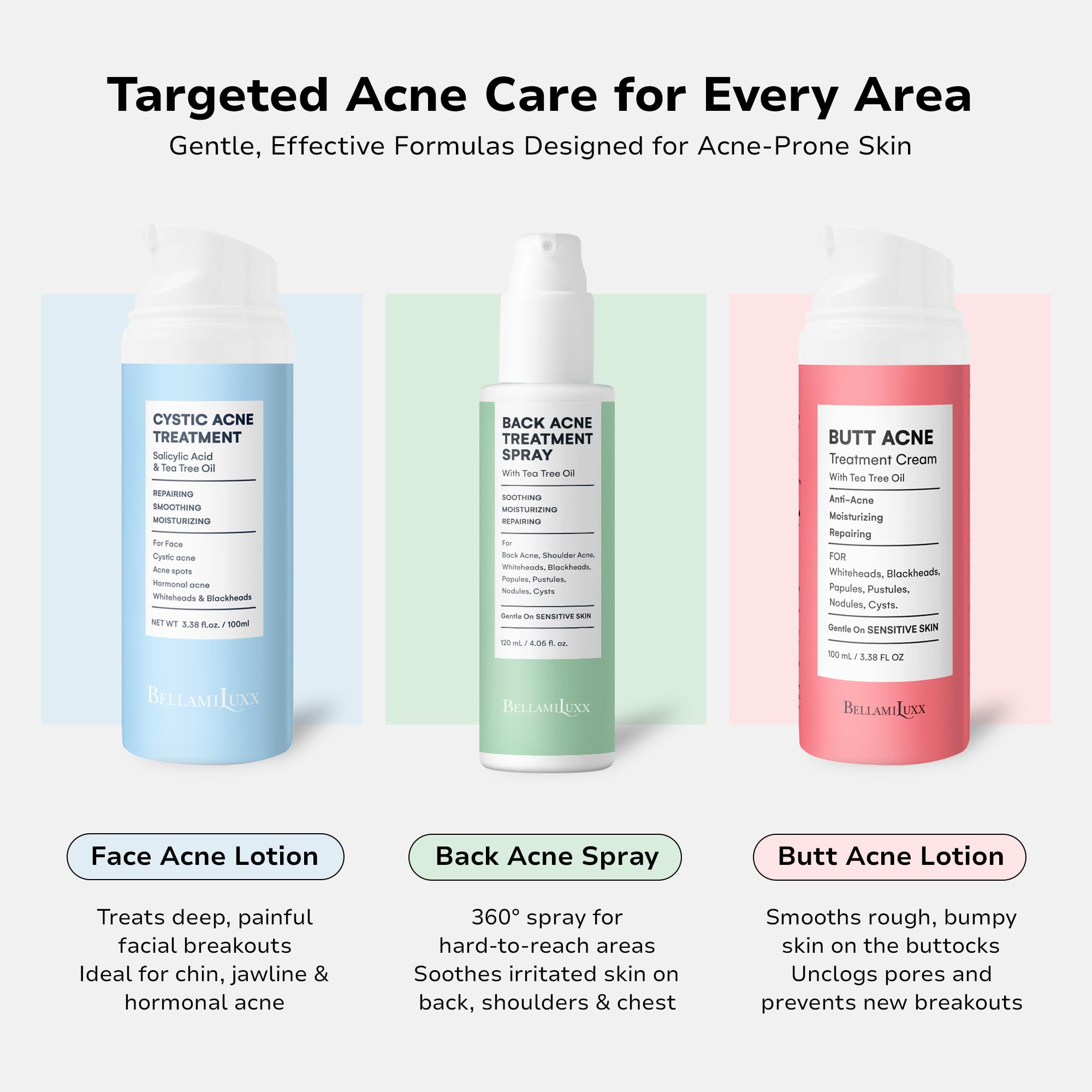 BellamiLuxx logo shines on bottle, signaling trusted, dermatologist-inspired acne care.