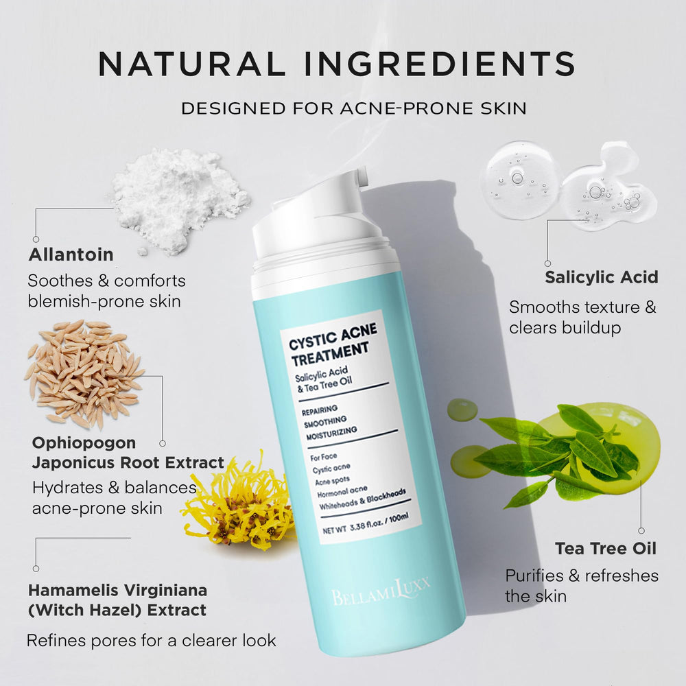 BellamiLuxx packaging highlights clean, plant-powered acne care for sensitive skin.