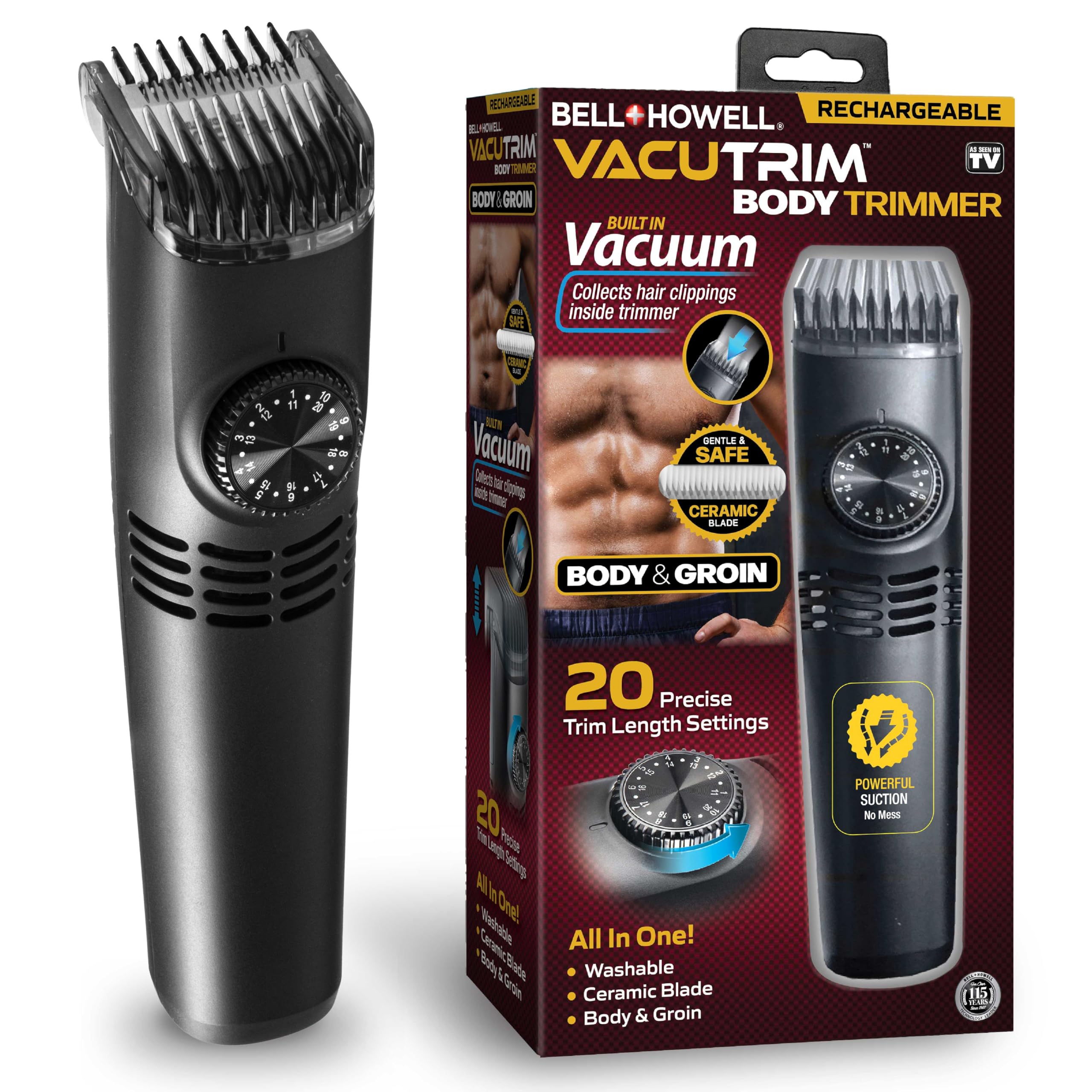 Bell+Howell Vacutrim cordless shaver with trim-length dial for precise grooming.