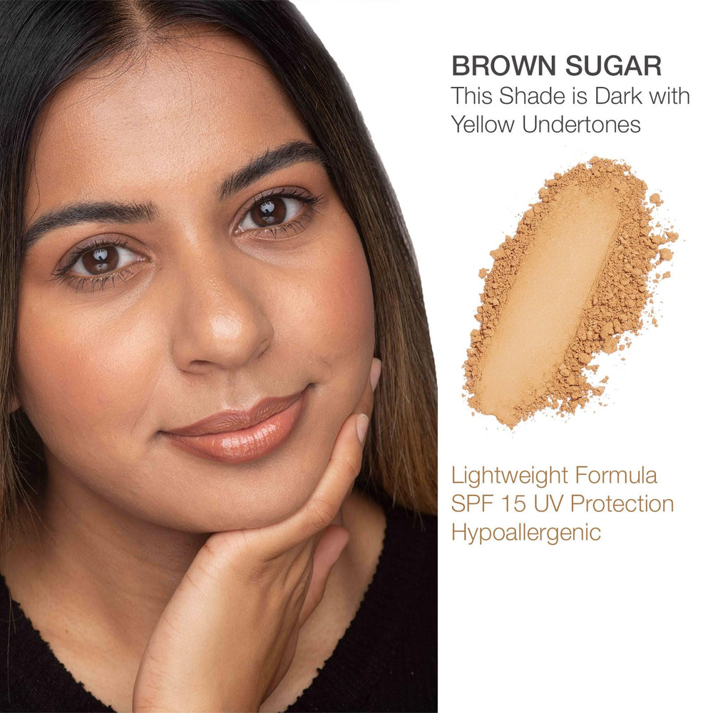 Bellapierre compact mineral foundation Brown Sugar swirl on skin for buildable coverage.