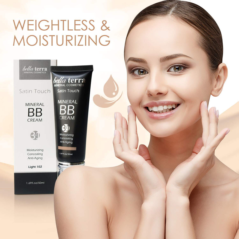 Bellaterra BB Cream Light 102 applied with brush for smooth, streak-free results.