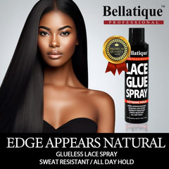 Bellatique Lace Glue Spray applied to the hairline produces near-invisible bond and natural edges.
