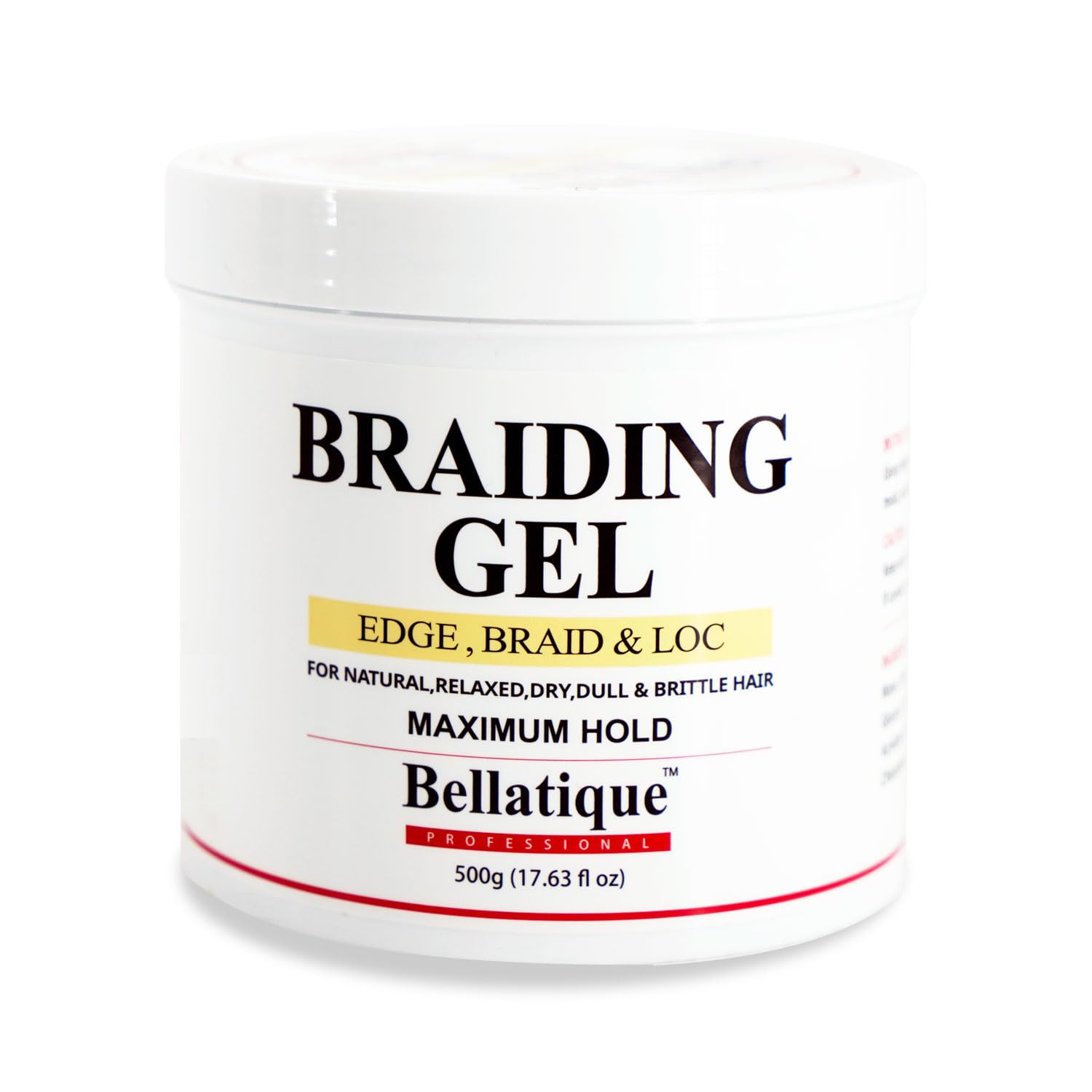 Bellatique professional braiding gel bottle showing maximum hold for durable styles.