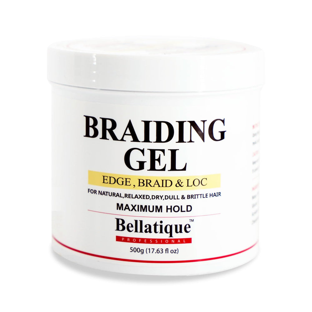 Bellatique professional braiding gel bottle showing maximum hold for durable styles.