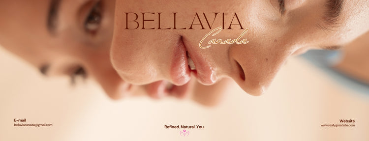 Close-up of a person's face with 'BELLAVIA' branding in the center.