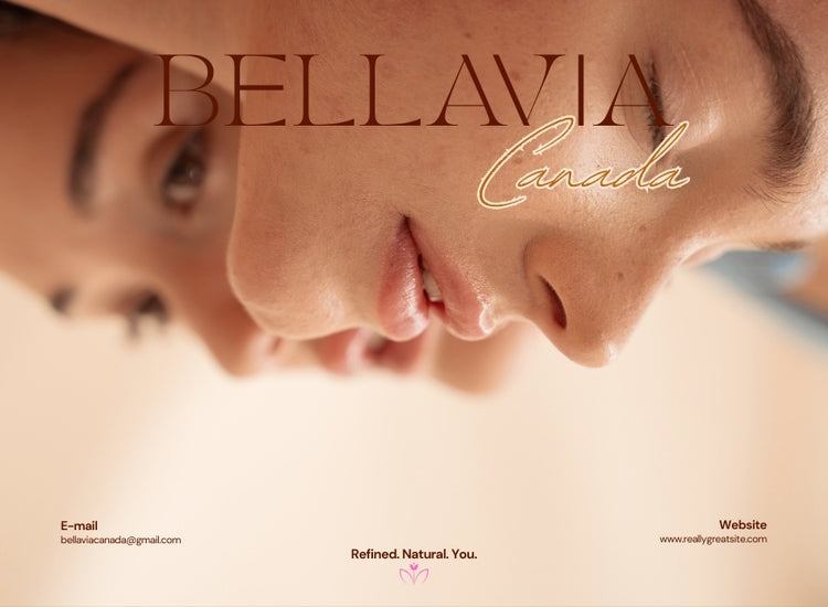 Close-up of a woman's face with 'Bellavia Canada' branding and contact information.