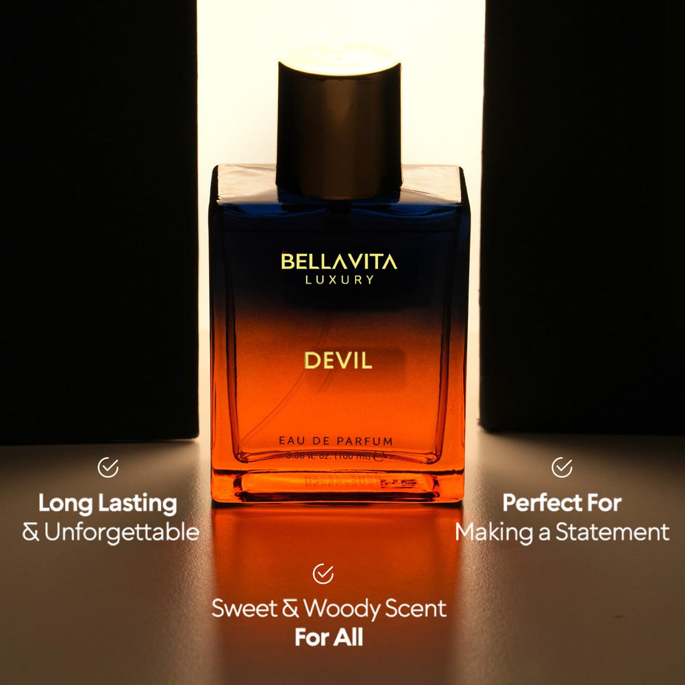 Bellavita Devil unisex bottle notes vanilla cotton cedar reveals warm, versatile fragrance.