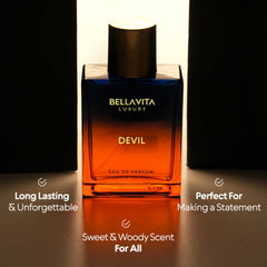 Bellavita Devil unisex bottle notes vanilla cotton cedar reveals warm, versatile fragrance.