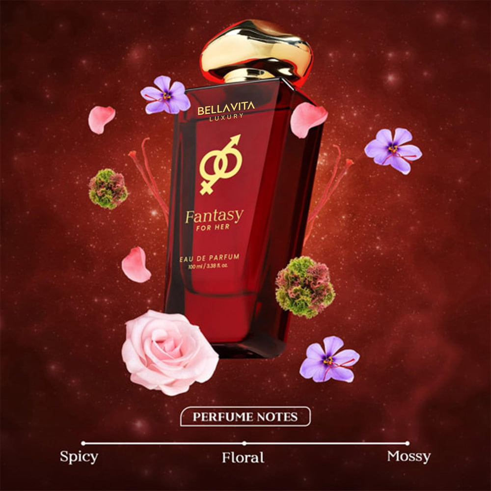 Bellavita Fantasy bottle pink cap emphasizing vibrant, long-lasting aroma.