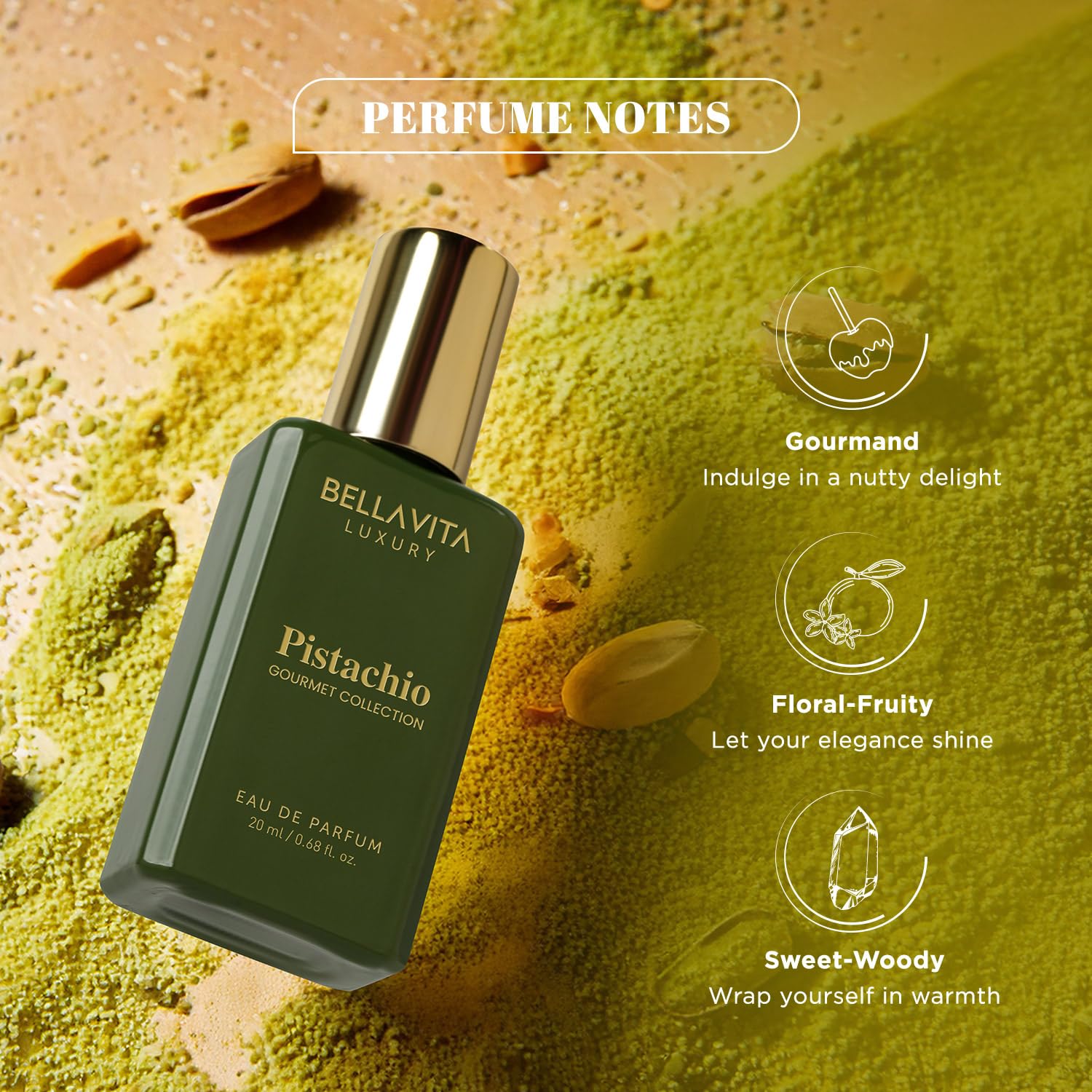 Bellavita Gourmet Pistachio bottle featuring nutty marshmallow-inspired aroma