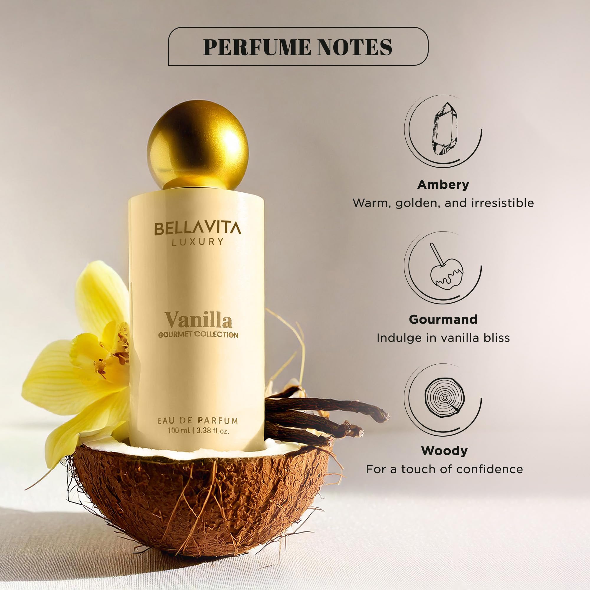 BELLAVITA Gourmet Vanilla EDP pour; smooth scent release and lasting sweetness.