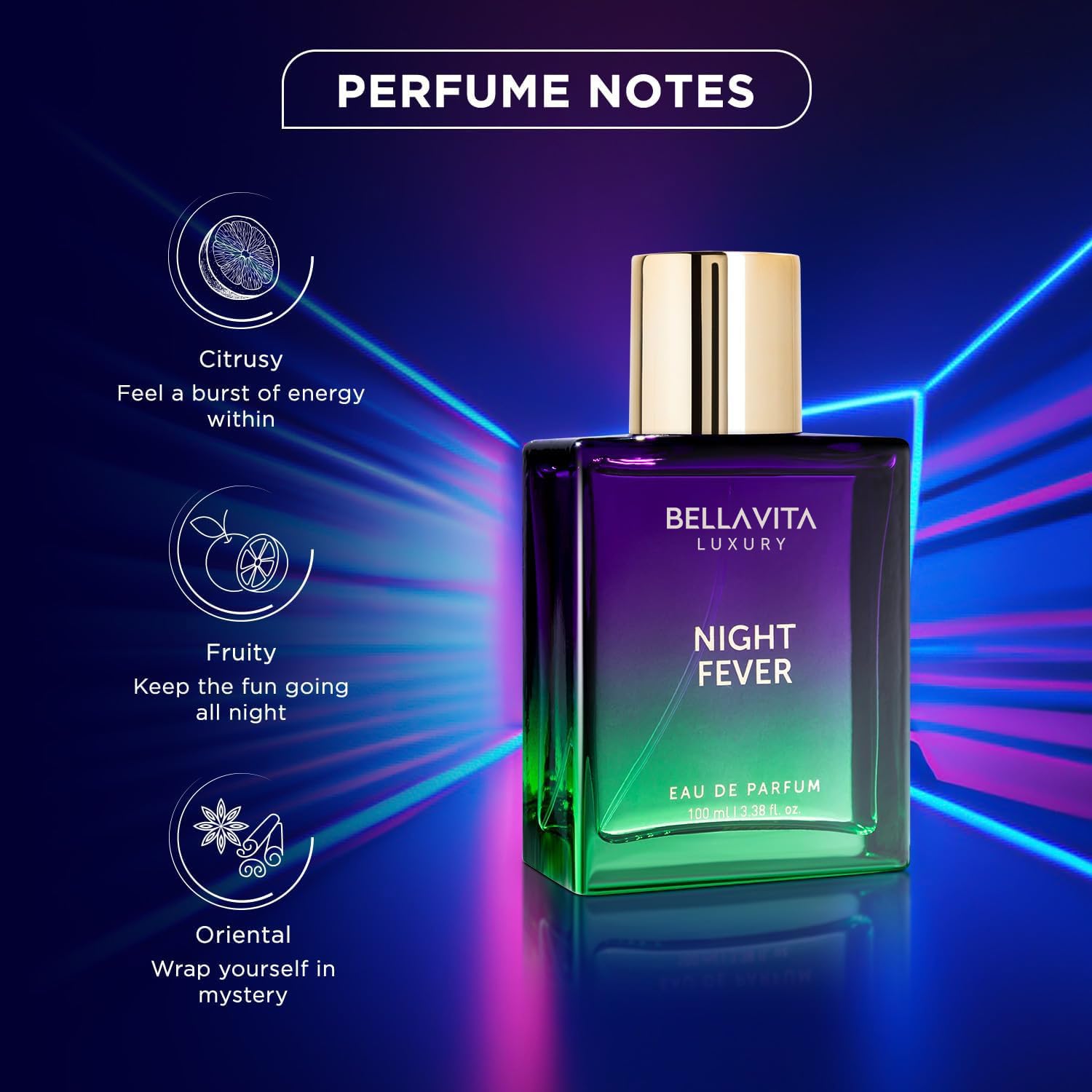 Bellavita Night Fever bottle on vanity highlighting sleek packaging.