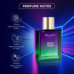 Bellavita Night Fever bottle on vanity highlighting sleek packaging.