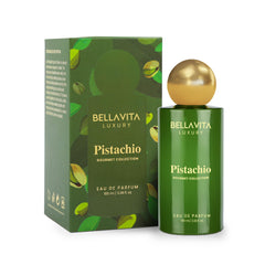 BELLAVITA Pistachio EDP bottle showcases unisex gourmet fragrance for daily wear.