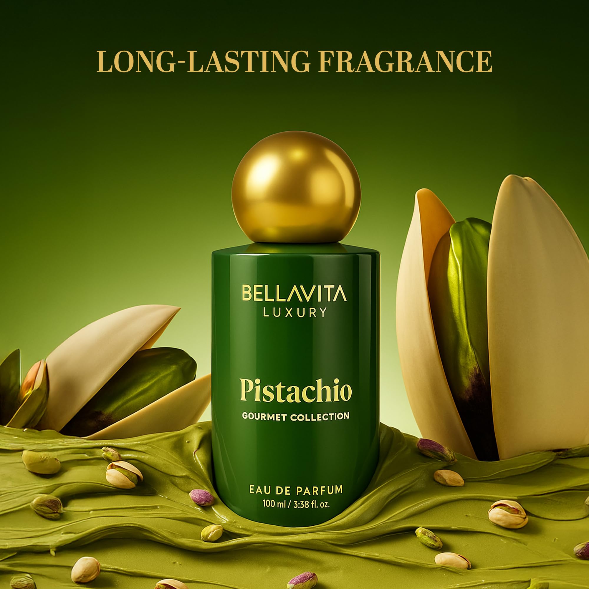 Gift-ready packaging box for BELLAVITA Pistachio EDP, ideal present.