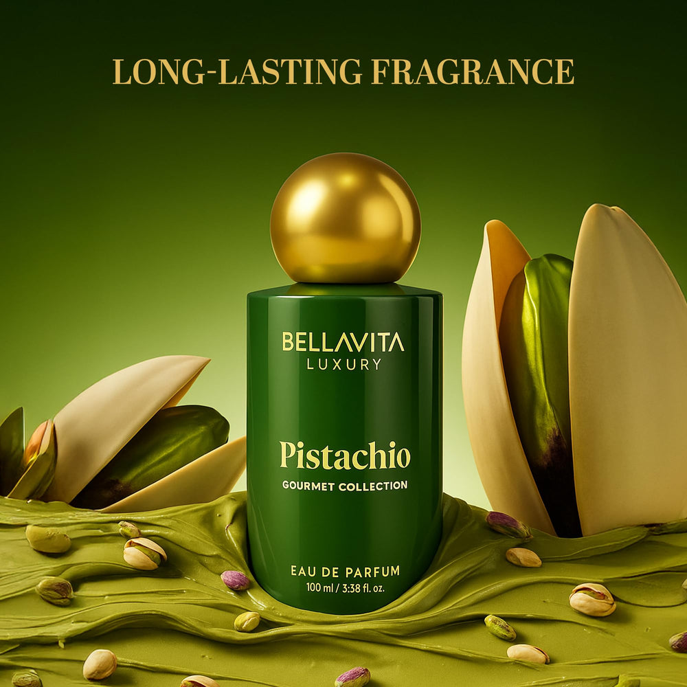 Gift-ready packaging box for BELLAVITA Pistachio EDP, ideal present.