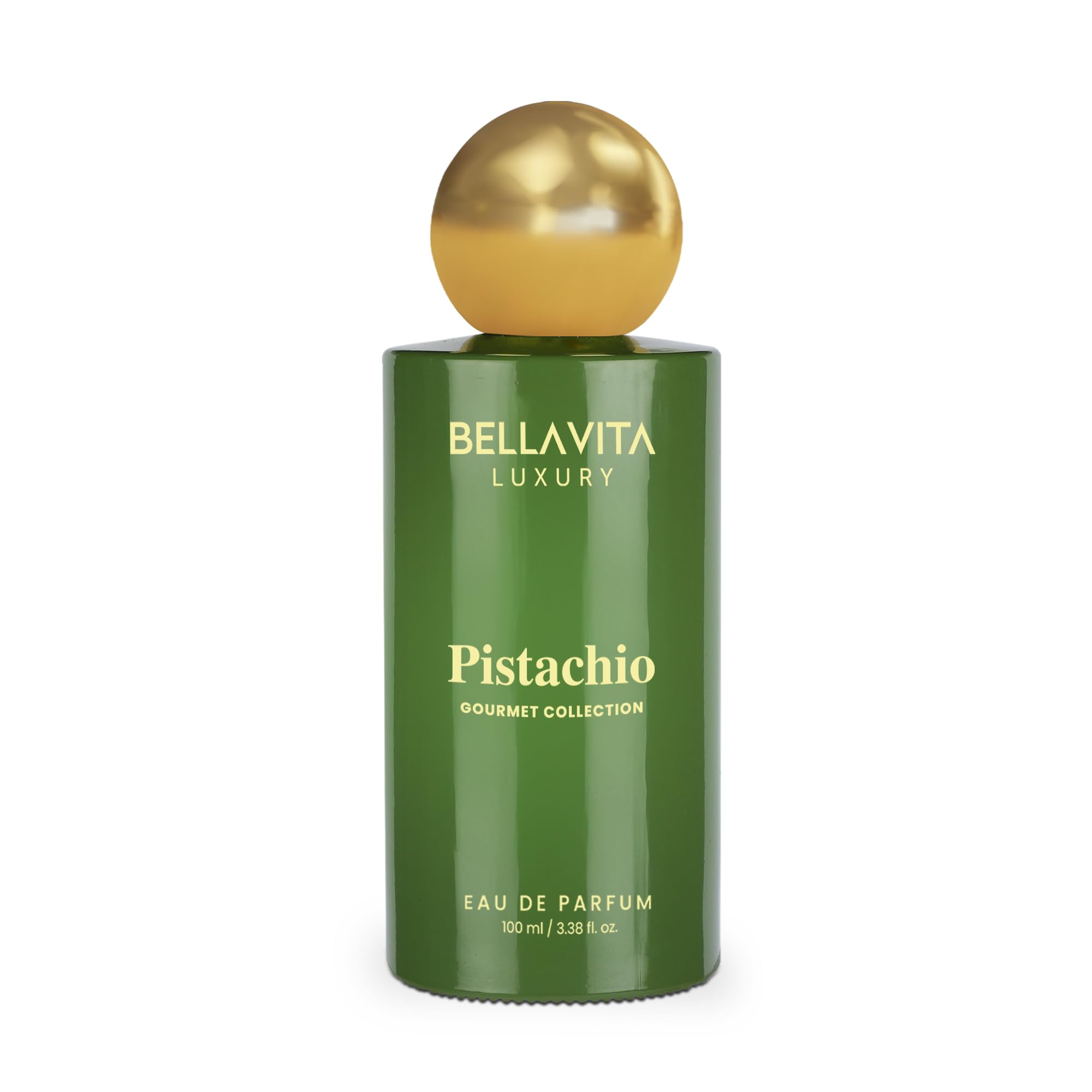 BELLAVITA Pistachio EDP bottle on a neutral display for versatile use.