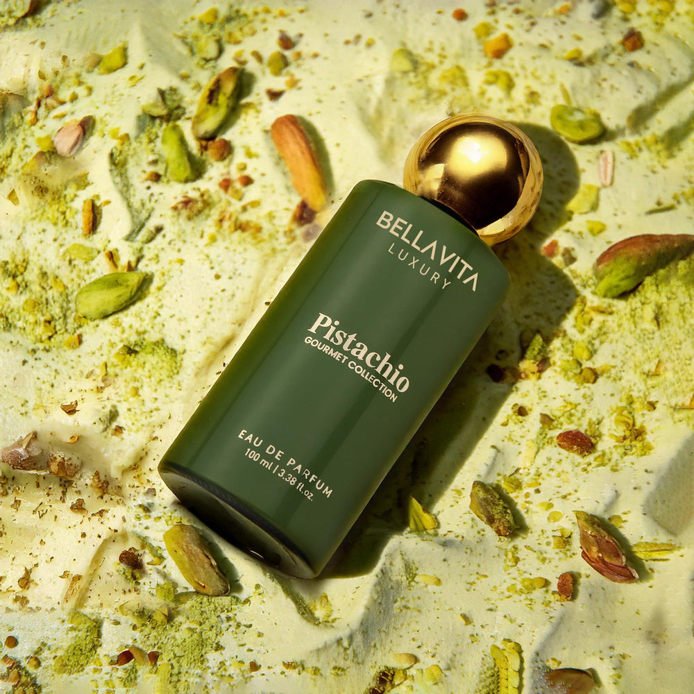 BELLAVITA Pistachio EDP with wooden cap conveys luxe unisex appeal.