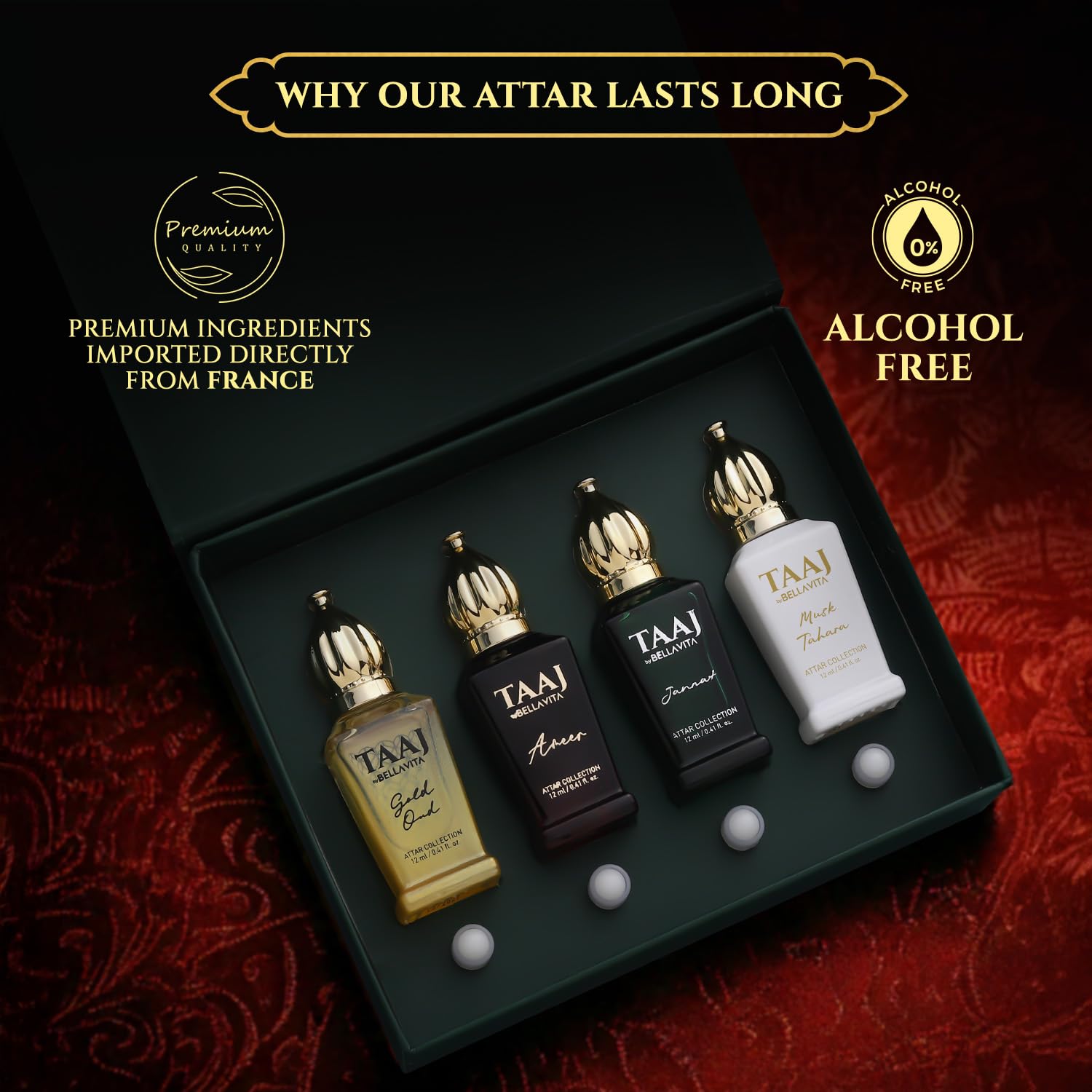 BELLAVITA Taaj Ameer bottle, woody fragrance that commands presence.