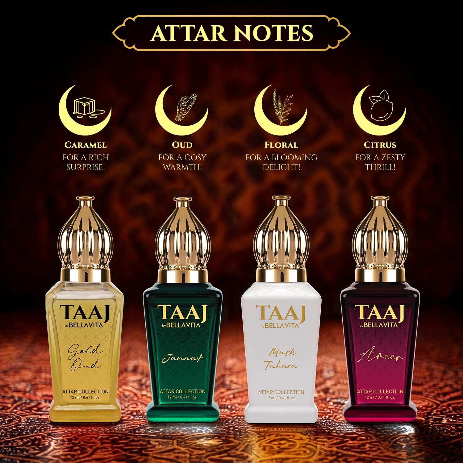 BELLAVITA Taaj Gold Oud bottle close-up, caramel floral richness for daytime wear.