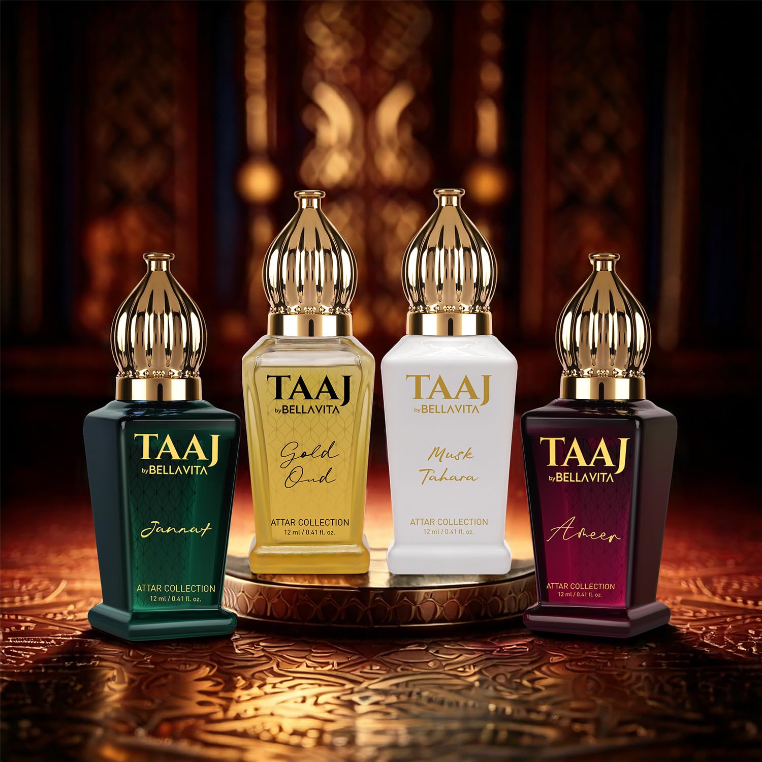 BELLAVITA Taaj Jannat bottle close-up, floral musk blend for bold evenings.