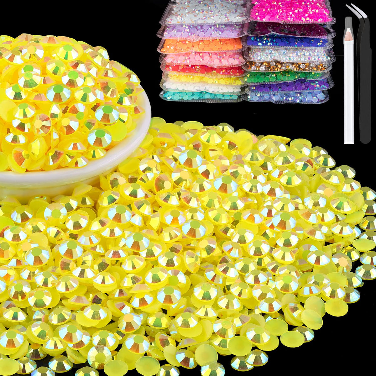 BELLEBOOST 8000pc 3mm lemon-yellow AB rhinestones for DIY crafts.