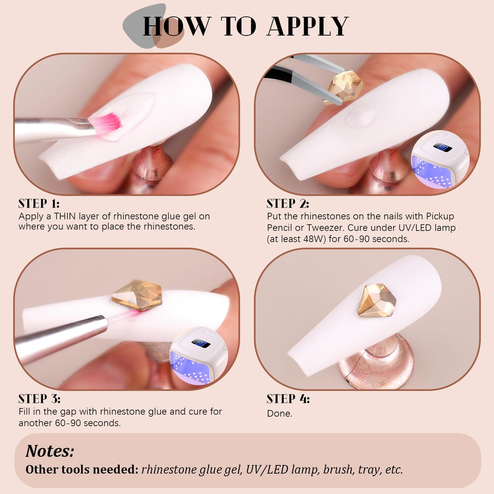 BELLEBOOST gems require glue for application with versatile adhesion.