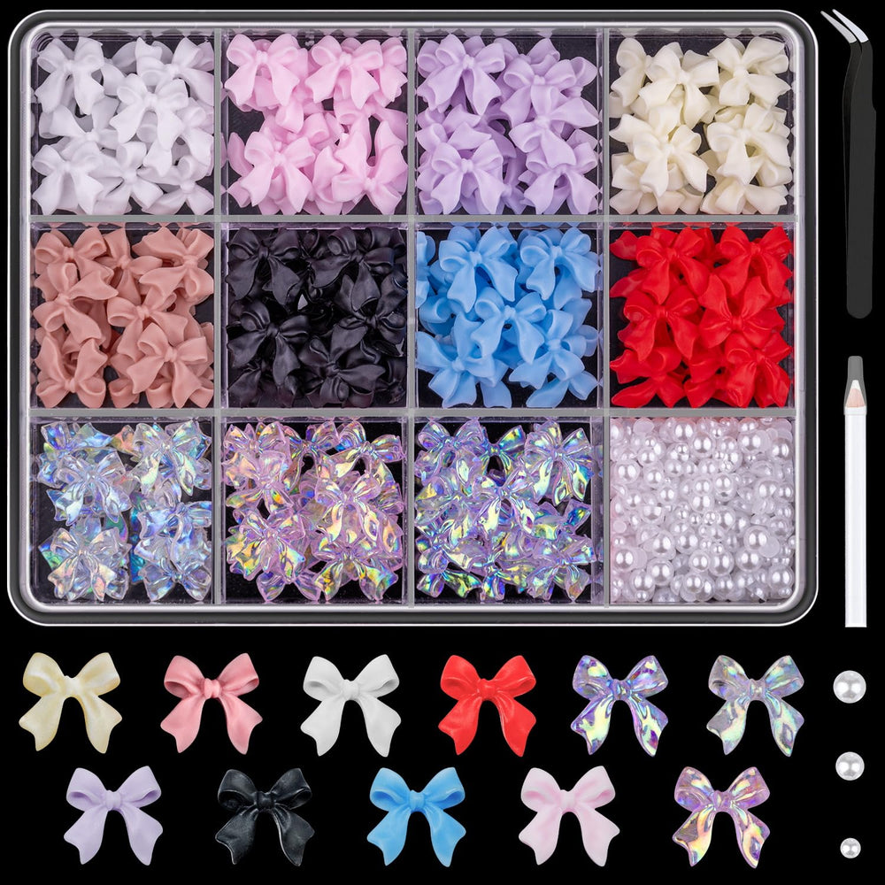 BELLEBOOST bow nail charms box contents with 12 grids for versatile nail art ideas