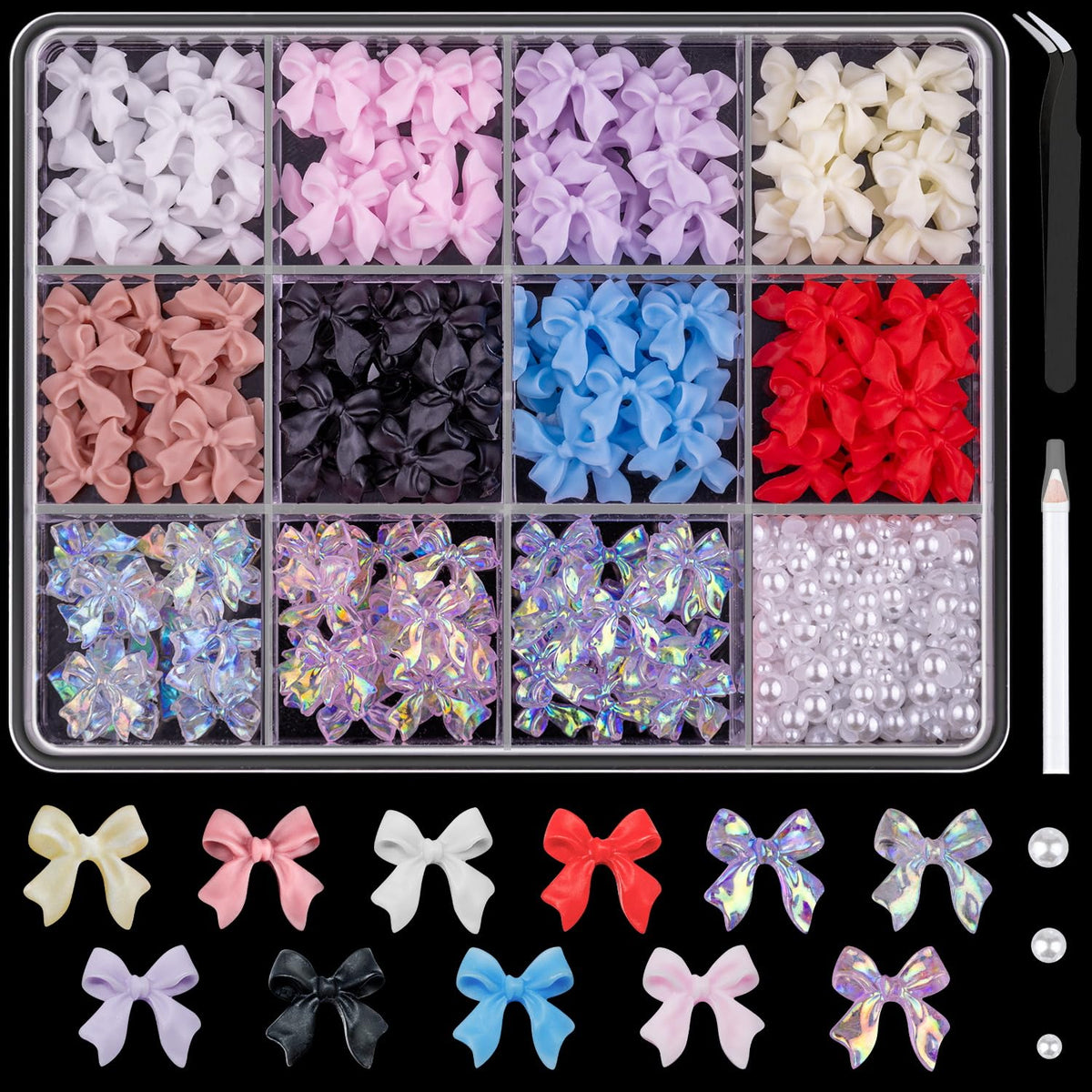 BELLEBOOST bow nail charms box contents with 12 grids for versatile nail art ideas