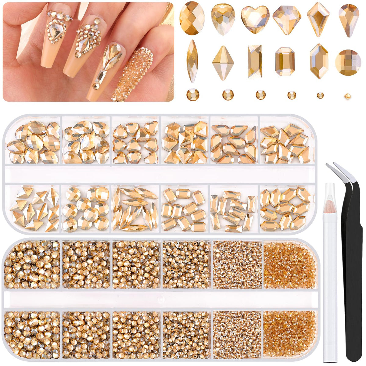 BELLEBOOST champagne-gold rhinestones kit for dazzling nail art projects.