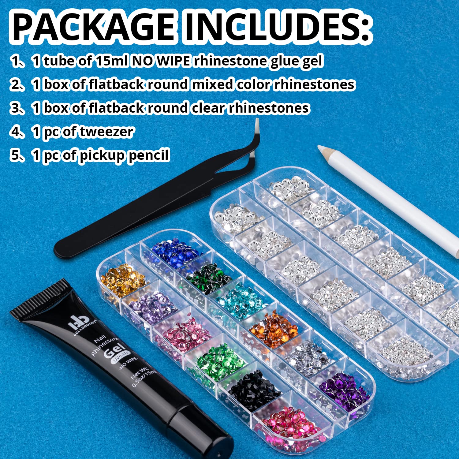 BELLEBOOST flat-back rhinestones in mixed colors for versatile nail art