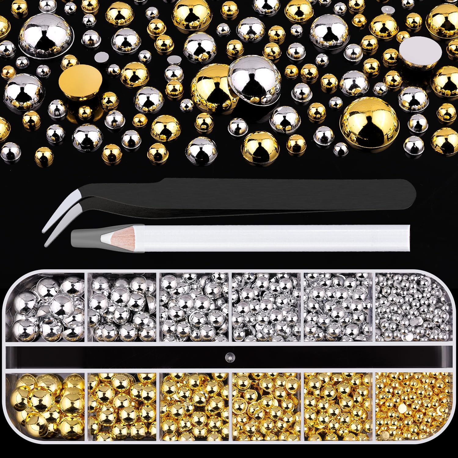 BELLEBOOST flat-back half-round pearls in a segmented box with independent lids for precise nail art.