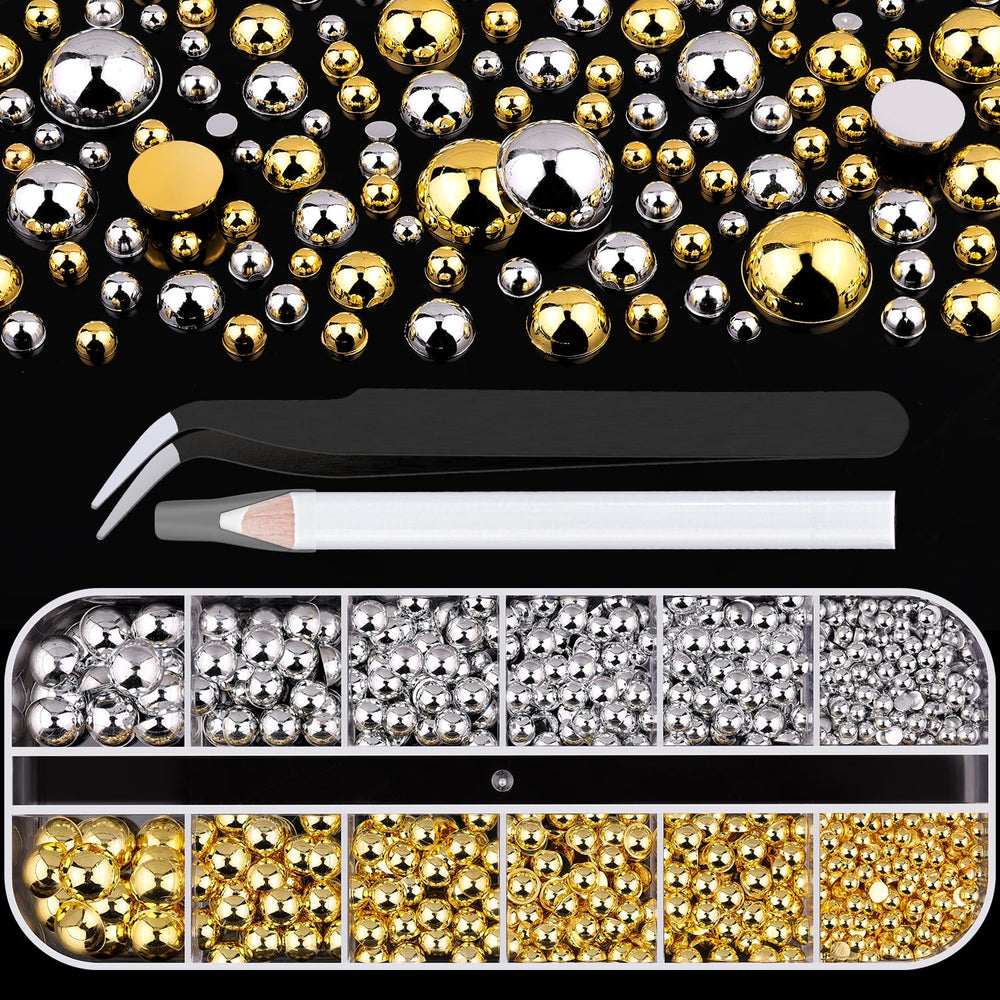 BELLEBOOST flat-back half-round pearls in a segmented box with independent lids for precise nail art.