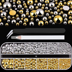 BELLEBOOST flat-back half-round pearls in a segmented box with independent lids for precise nail art.