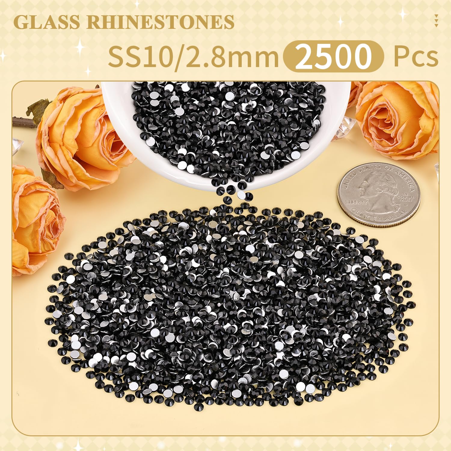 Close-up of BELLEBOOST jet black glass rhinestones showing facets and shine