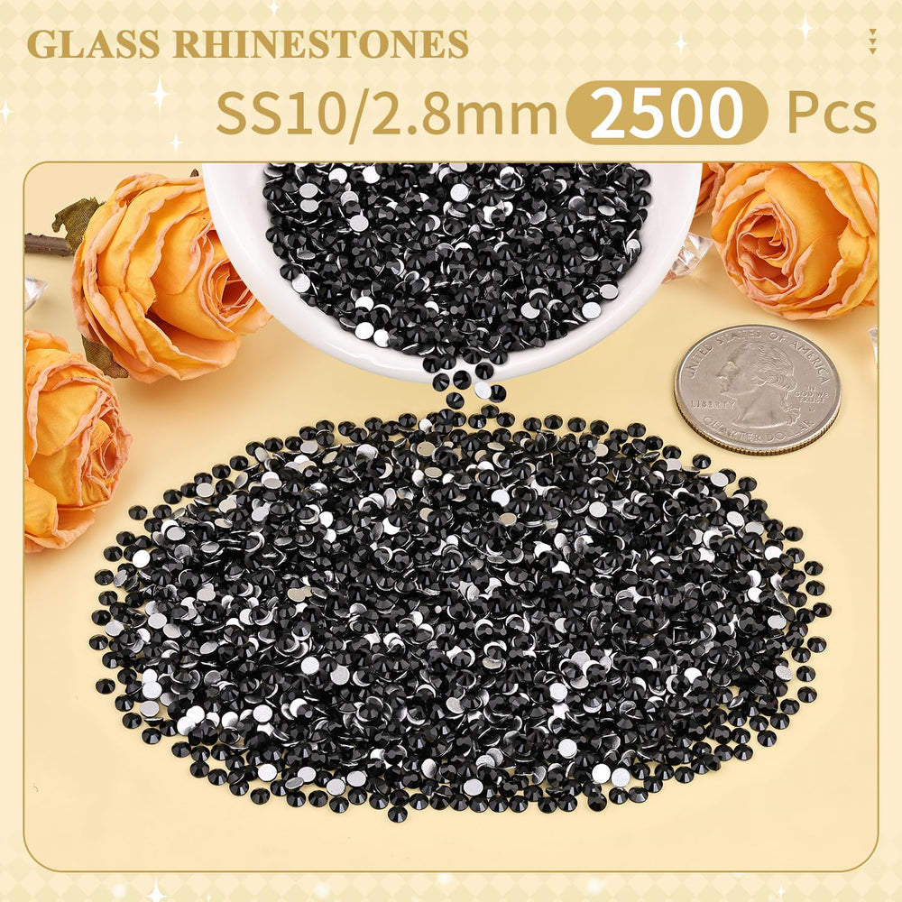 Close-up of BELLEBOOST jet black glass rhinestones showing facets and shine