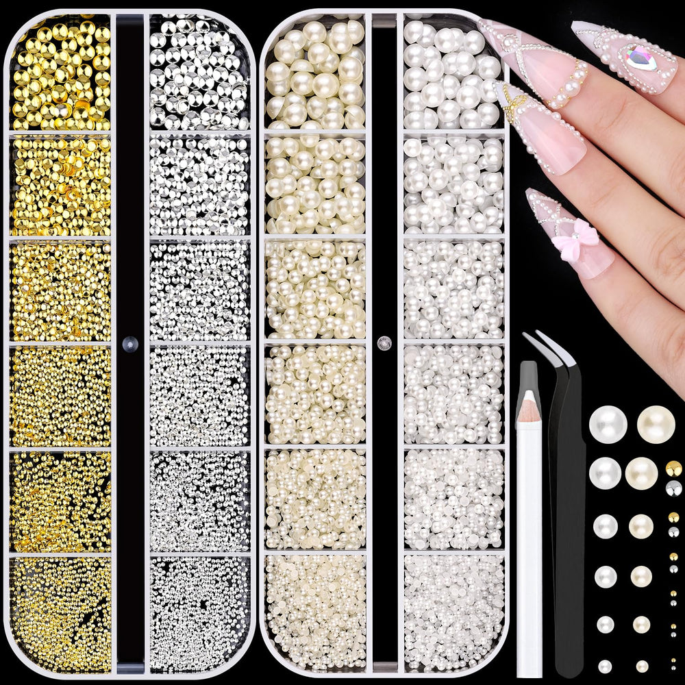 BELLEBOOST gold and silver round nail beads shimmer in a DIY manicure.