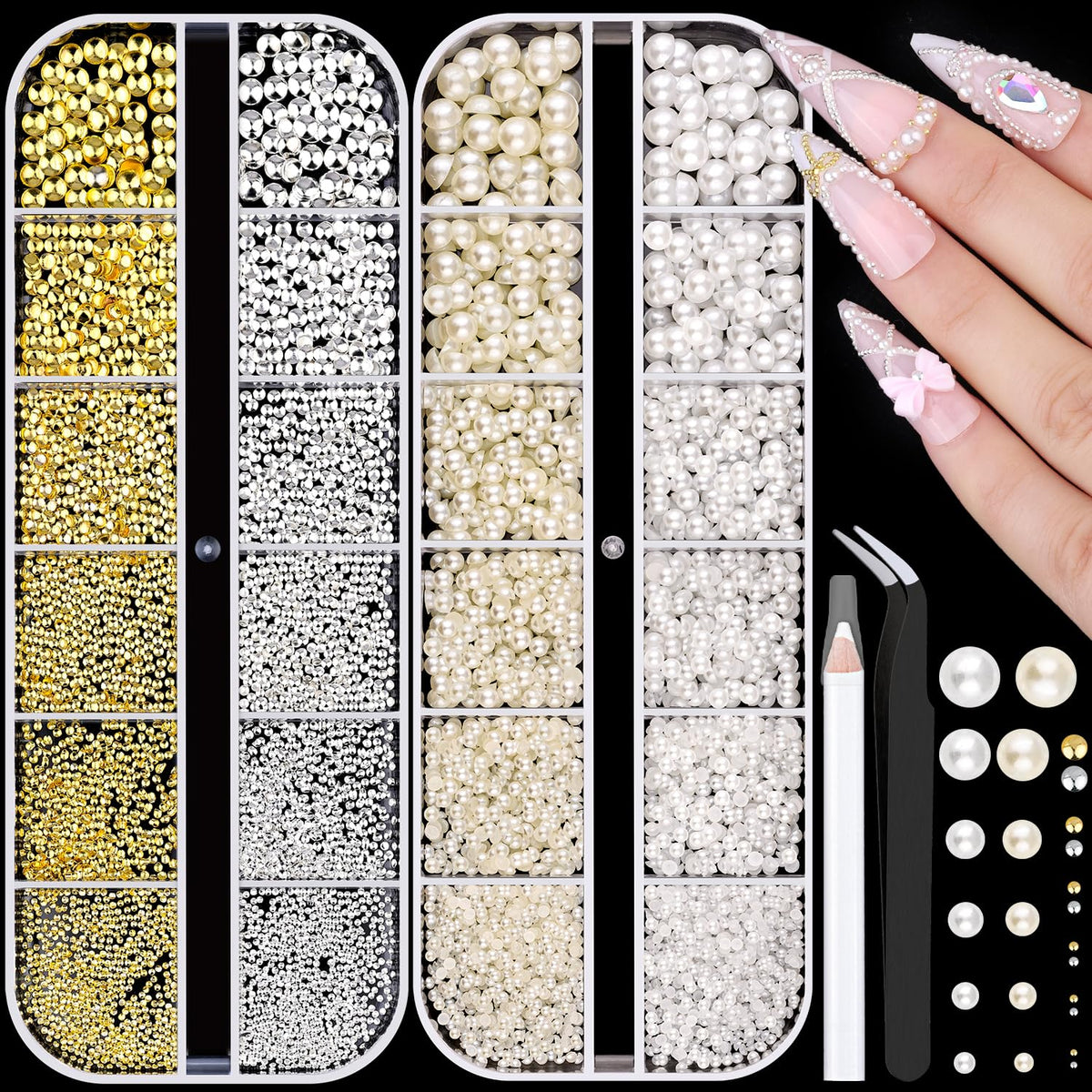 BELLEBOOST gold and silver round nail beads shimmer in a DIY manicure.