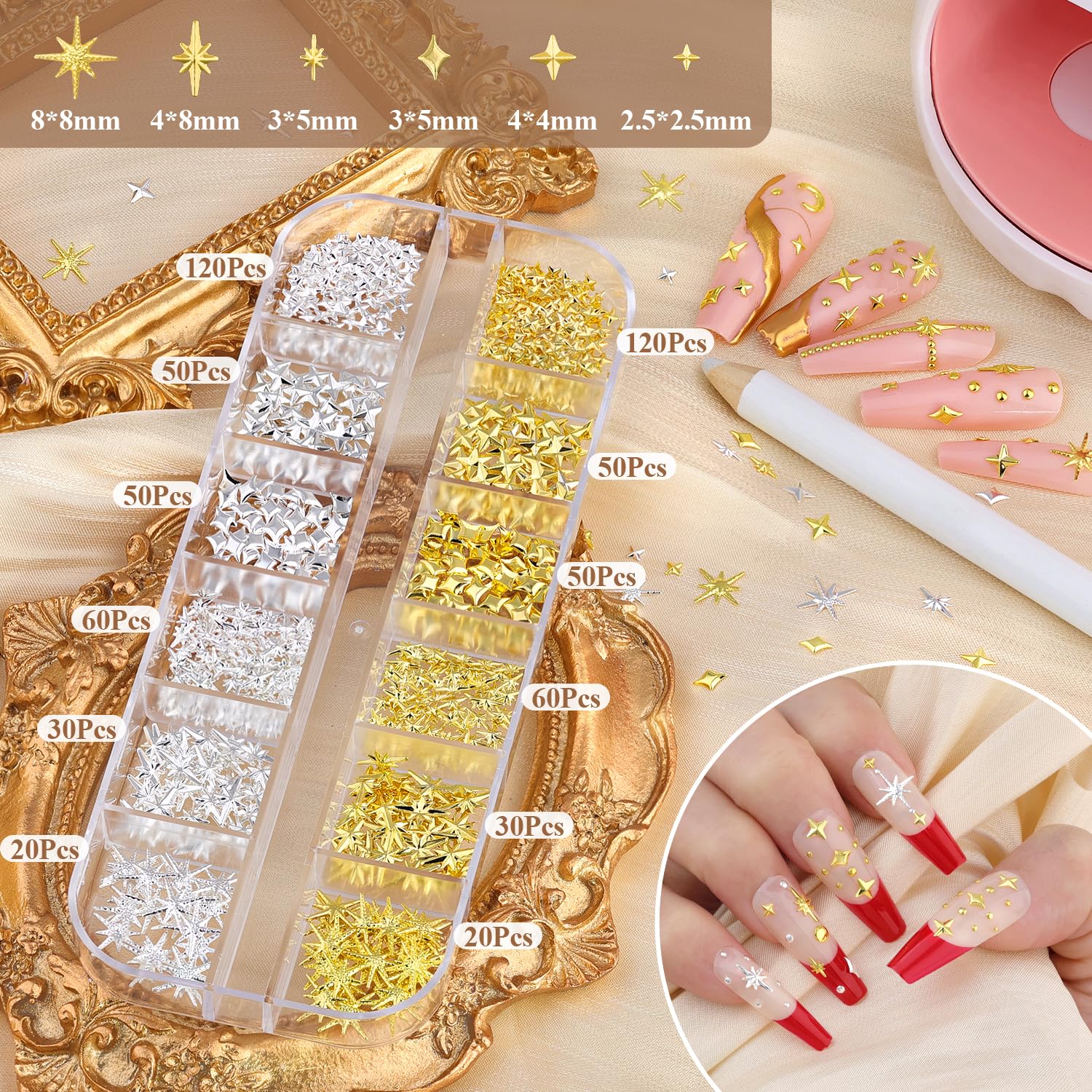 BELLEBOOST caviar beads in gold and silver add subtle dimension to nails.
