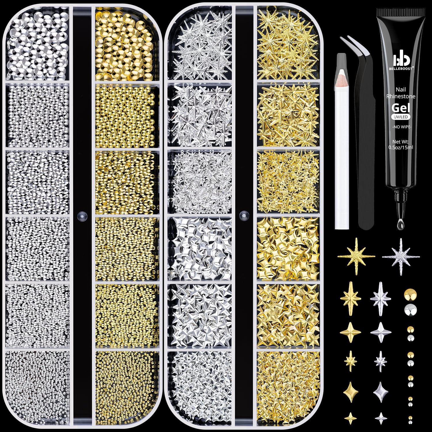 BELLEBOOST star charms in gold and silver with six sizes for versatile nail art accents.